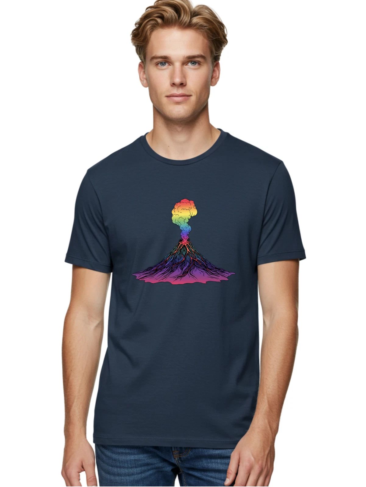 Rainbow-Volcano Mens Graphic Tee, 100% Cotton, Casual Summer Wear