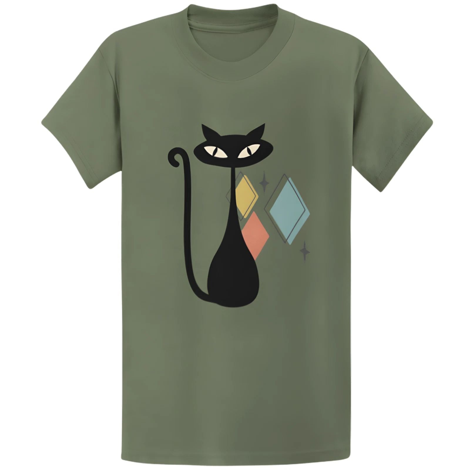 Gildan 5000 Mid Century Atomic Cat T-Shirt - Retro Vintage Cat Lover Gift Tee