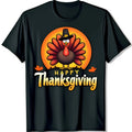 Happy Thanksgiving Cute Cartoon Turkey Black T-Shirt With Festive Design S-3XL