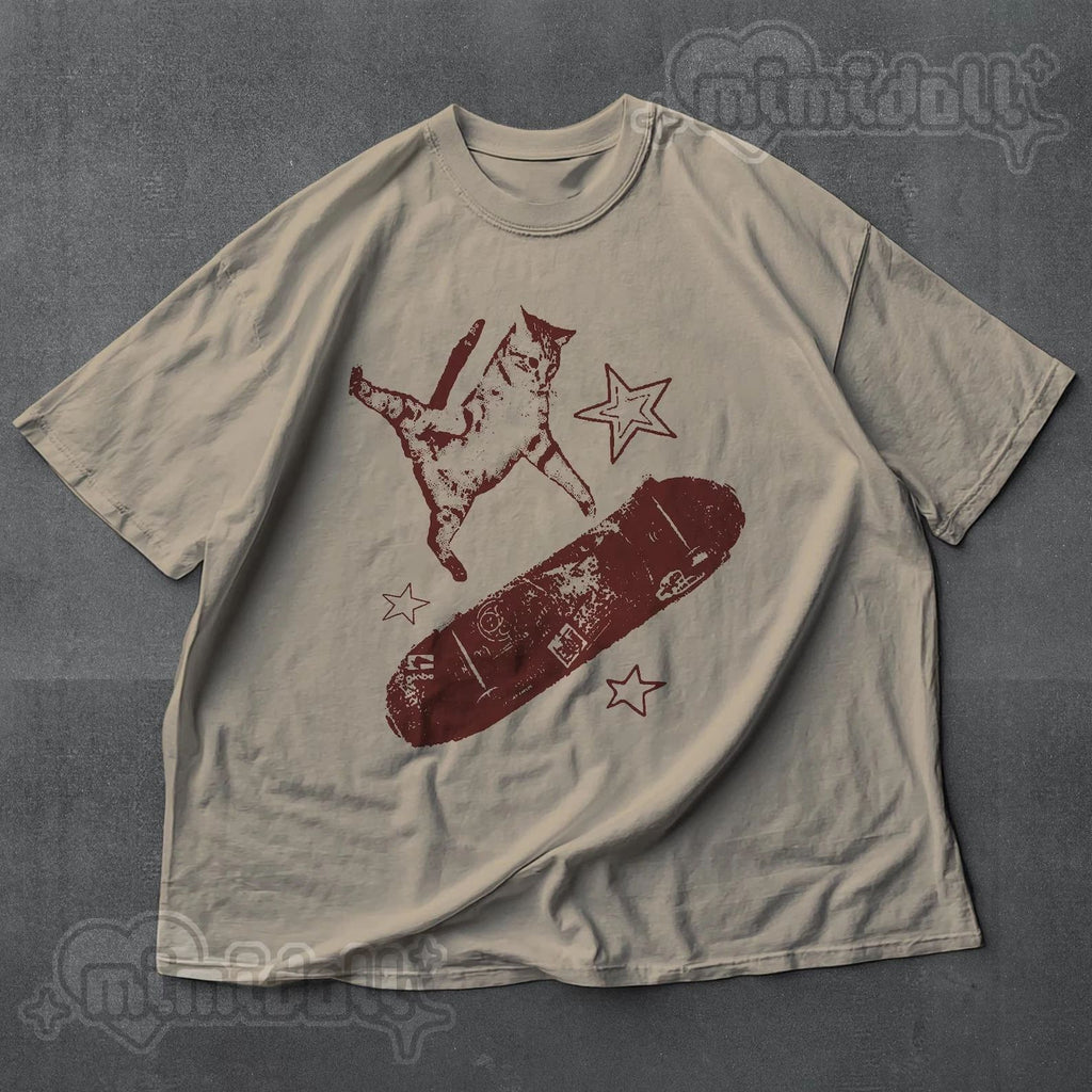 Vintage Skateboard Cat Shirt Y2K 90s Aesthetic Kitten Grunge Retro Tee