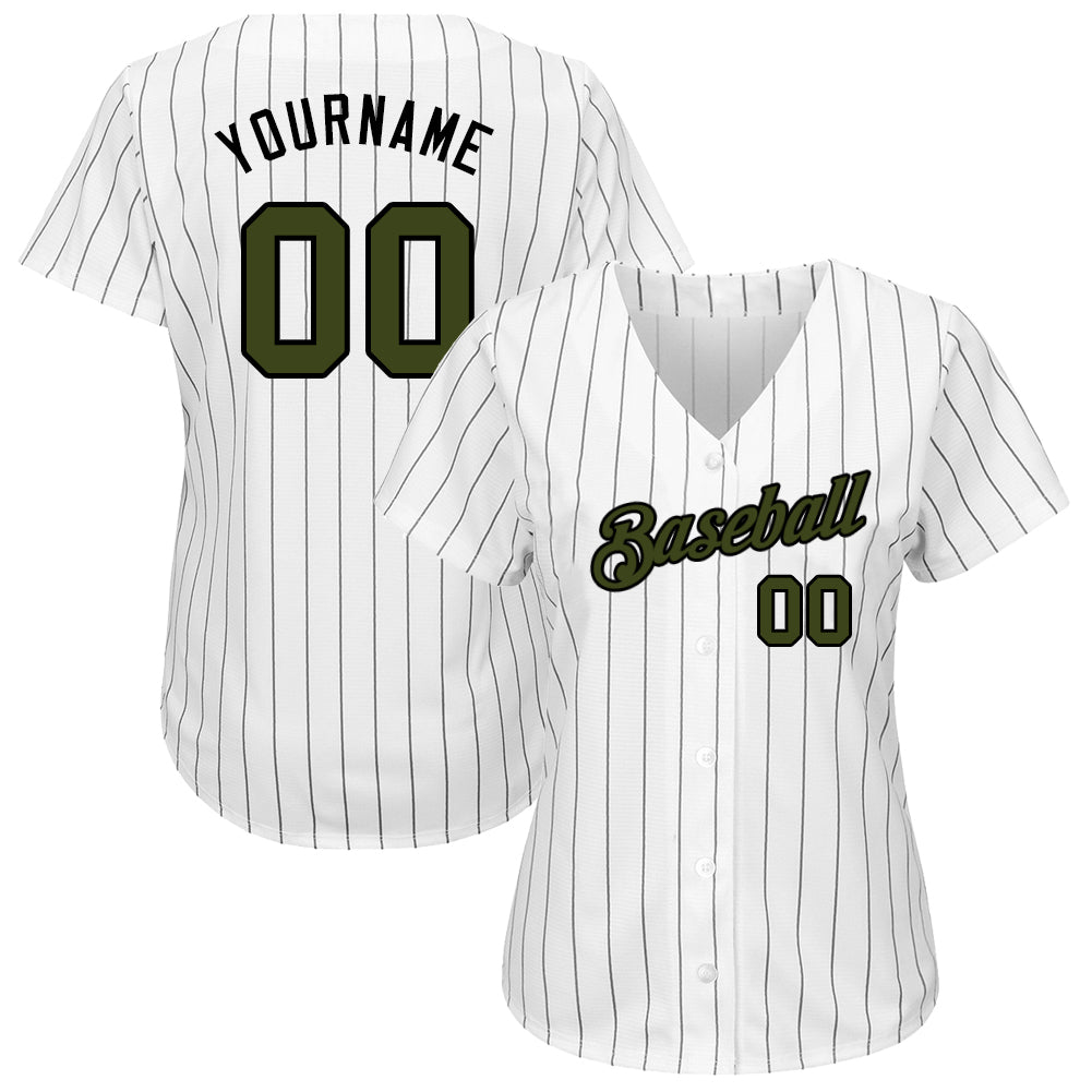 Custom White Black Pinstripe Olive-Black Authentic Memorial Day Baseball Jersey